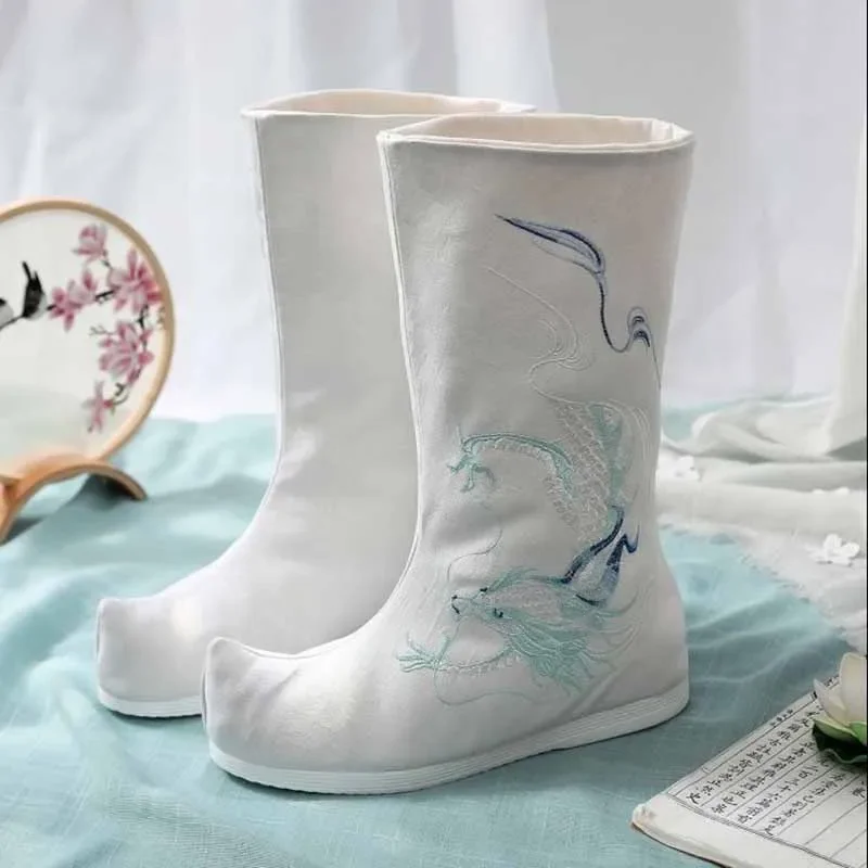Chinese Hanfu Soap Boots Men Vintage Embroidered Black White Inner Heightened Sole 4CM Hanfu Boots Shoes Plus Size For Women