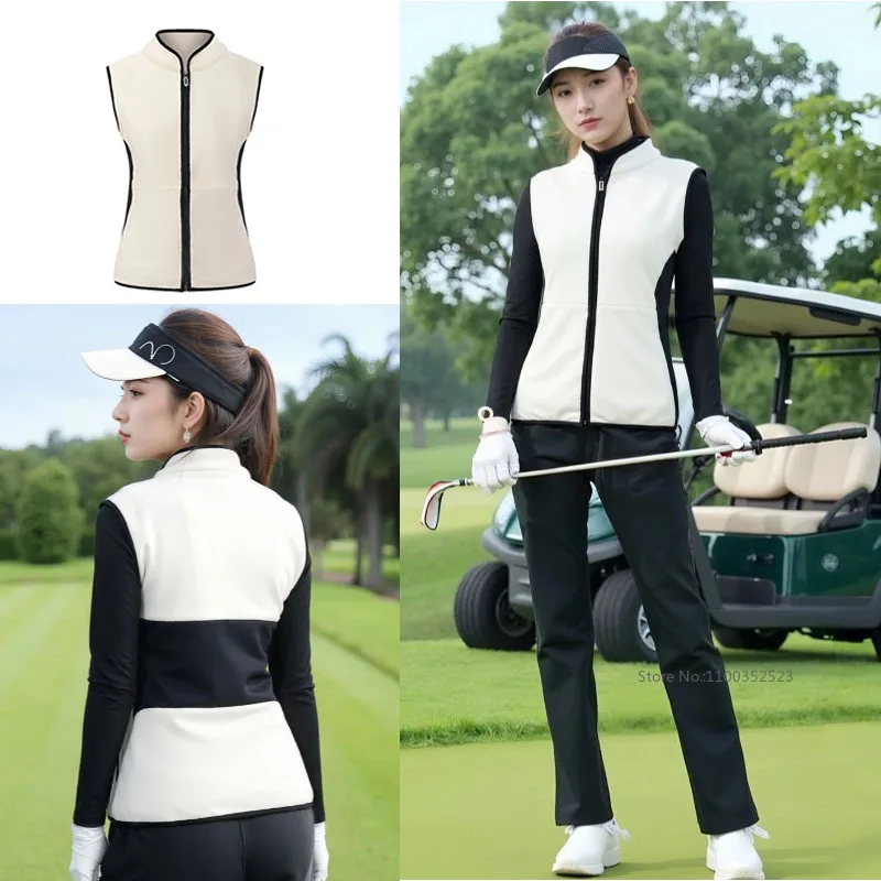 Autumn/Winter New Golf Women Polar Fleece Vest Ladies Thickened Windproof and Warm Vest Contrast Color Slim Golf Jacket Coat