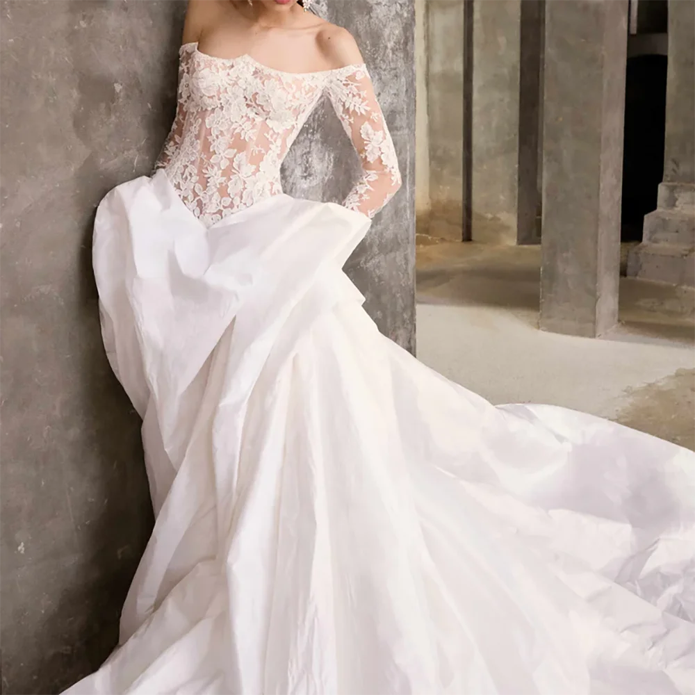 Vestidos de novia elegantes con hombros descubiertos, plisados de encaje, sin mangas, corte en A, personalizados