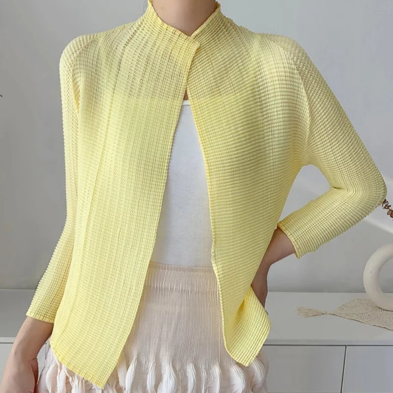 

High-End Pleated Yellow Women's Elastic Slim Cardigan Coat 2025 Autumn Outerwear Stand Collar Jacket 2FJ62