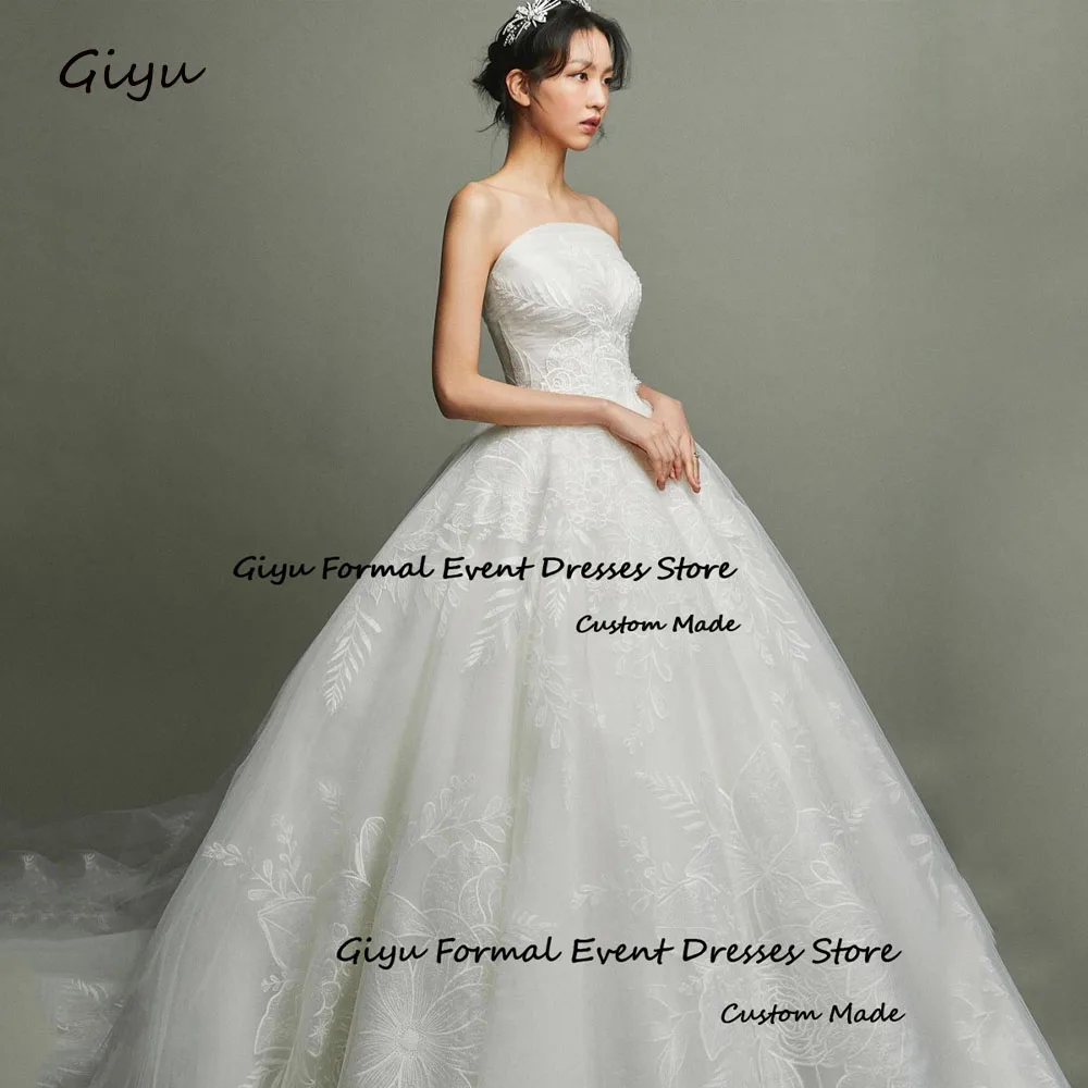 Giyu-Lace Folhas Vestidos de casamento para mulher, vestido de noiva, sem alças, andar de comprimento, requintado