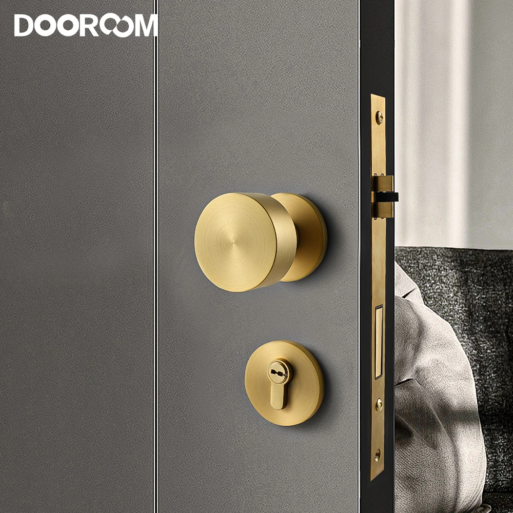 Dooroom-silent Door Lock Handle Solid Brass Interior Round Locks Hardware Quartos Salas Banheiros Botão
