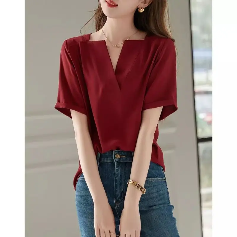 Camisa holgada de manga corta para mujer, camisa informal de gran tamaño con cuello en V, estilo minimalista, elegante, de lujo, a la moda, novedad de 2024