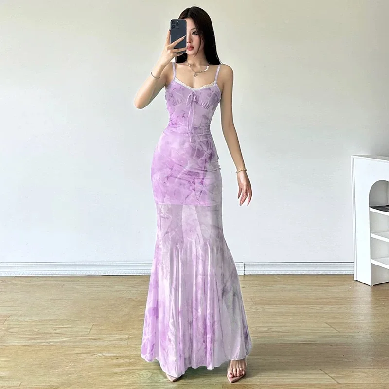 2025 estilo francês vestido verde claro feminino verão floral transparente sem mangas sereia praia sexy bodycon outfit