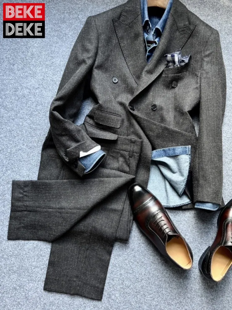 Business Men Double-Breasted Suits Solid Color Pockets Two Piece Set Leisure Male Long Sleeves Blazer Straight Pants Outfits