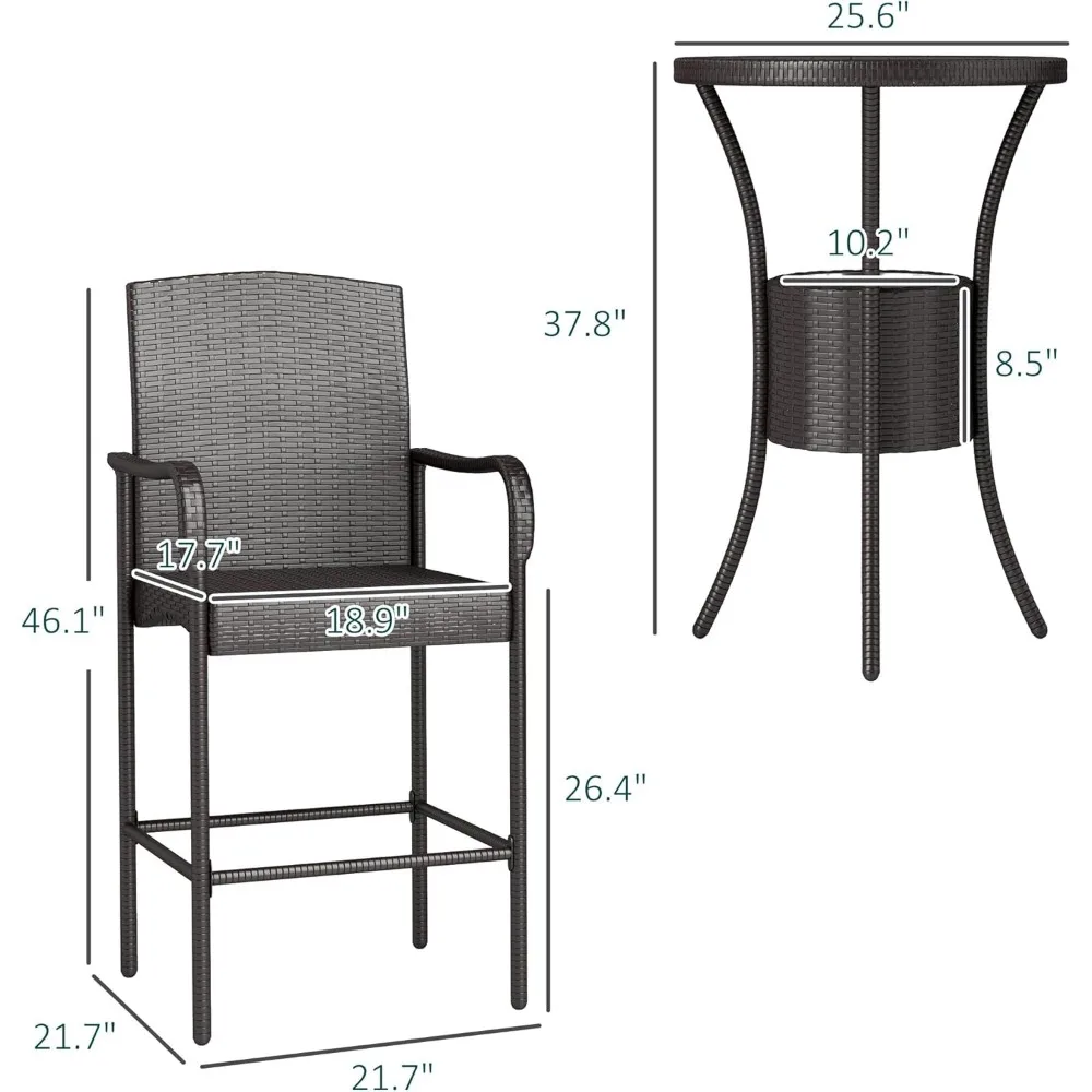 3 Pieces Rattan Wicker Bar Set with Ice Buckets, Patio Furniture with 1 Bar Table and 2 Bar Stools for Poolside, Backyard,