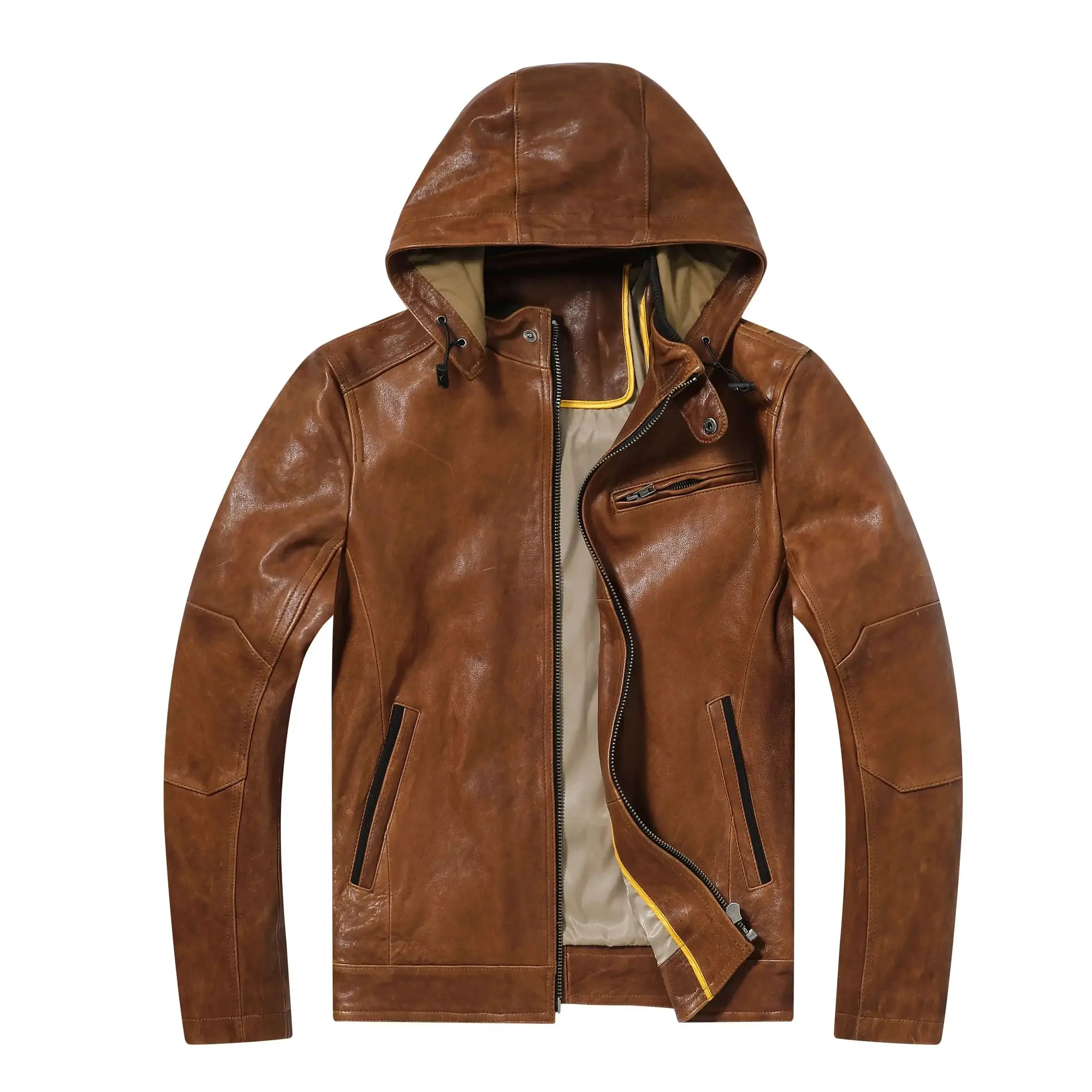 

Vegetable Classic Tanned Sheepskin Men's Motorcycle Jacket With Detachable Hood, Slim Fit Cropped