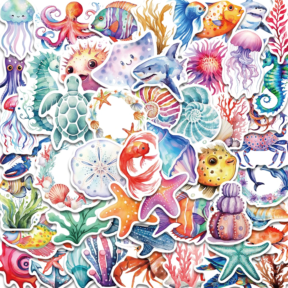 

50PCS Aquatic Colorful Marine Organisms Sticker Laptop Luggage Kawaii Cafe Home Decoration Waterproof Phone Graffiti Decals