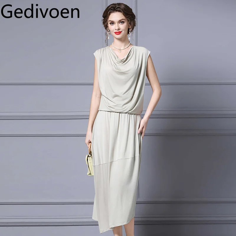 

Gedivoen Grey green loose thin style Commute Appointment Banquet Solid color high waist Cotton Fashion Two Piece Set