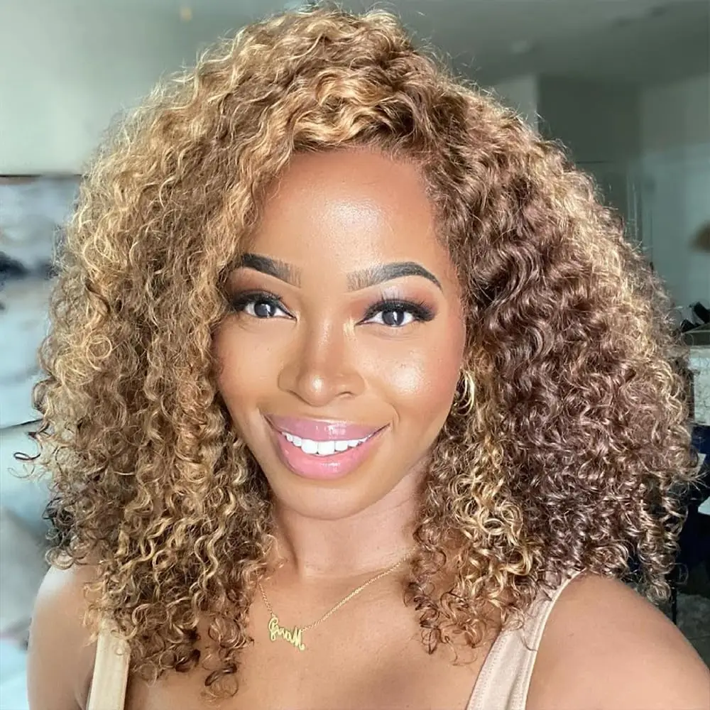 

Highlight Deep Curly Bob Wigs 13x4 Transparent Lace Frontal Wigs Pre Plucked Thick Short Curly Bob Hair 4/27 Ombre Colored Wigs