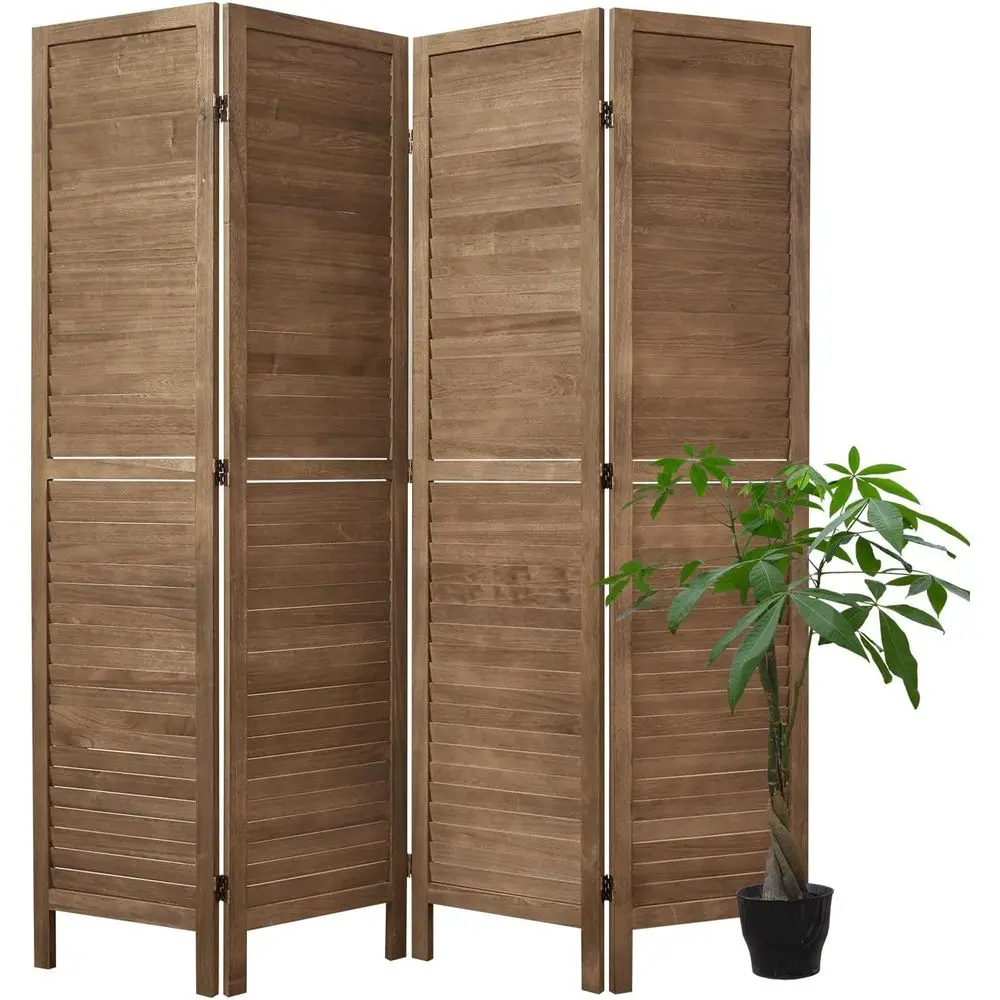 

4-Panel Wooden Louvered Room Divider, 67 x 60, Brown for Privacy in Home or Office