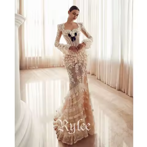 Rylee Princess Lace Mermaid Evening Dresses With Delicate Appliques Ruffles Lace Long Bridal Dress Formal Dress
