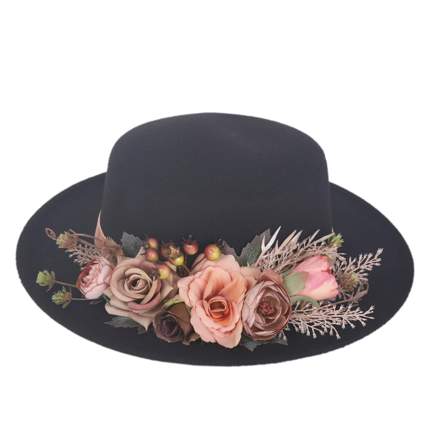 Fedora Hats Women\'s Flower flat cap Fashion Autumn Winter Warm Flat Top Basin Hats British Vintage Top Hats