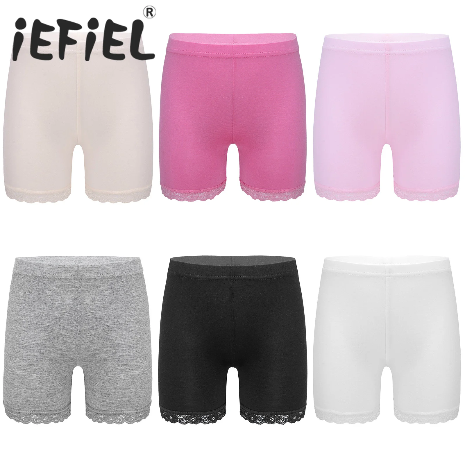 6Pcs Kids Girls Ballet Dance Underwear Boxer Shorts Casual Clothing Elastic Waistband Simple Solid Color Lace Ruffle Hem Shorts