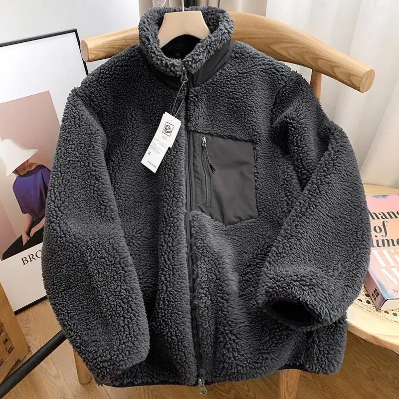 2024 Spring New Korean Hot Style Zipper Loose Stand-up Collar Sweater Couple Style Windproof Pocket Warm Lamb Wool Jacket