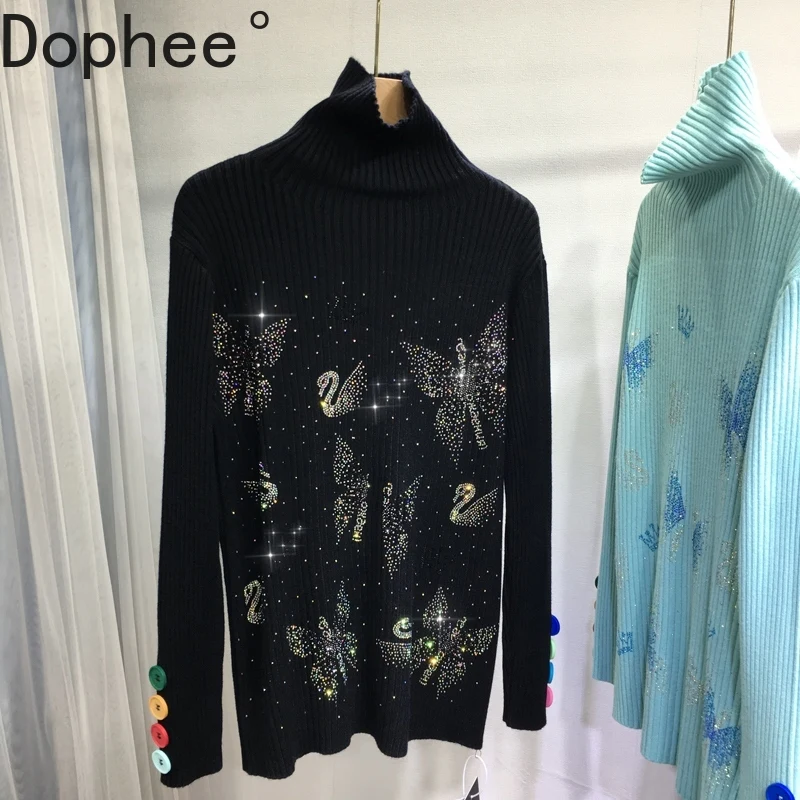 

Женский свитер ярких цветов, новый осенне-зимний универсальный пуловер с высоким воротником, топ, блестящие лебединые бриллианты, утягивающие вязаные джемперы