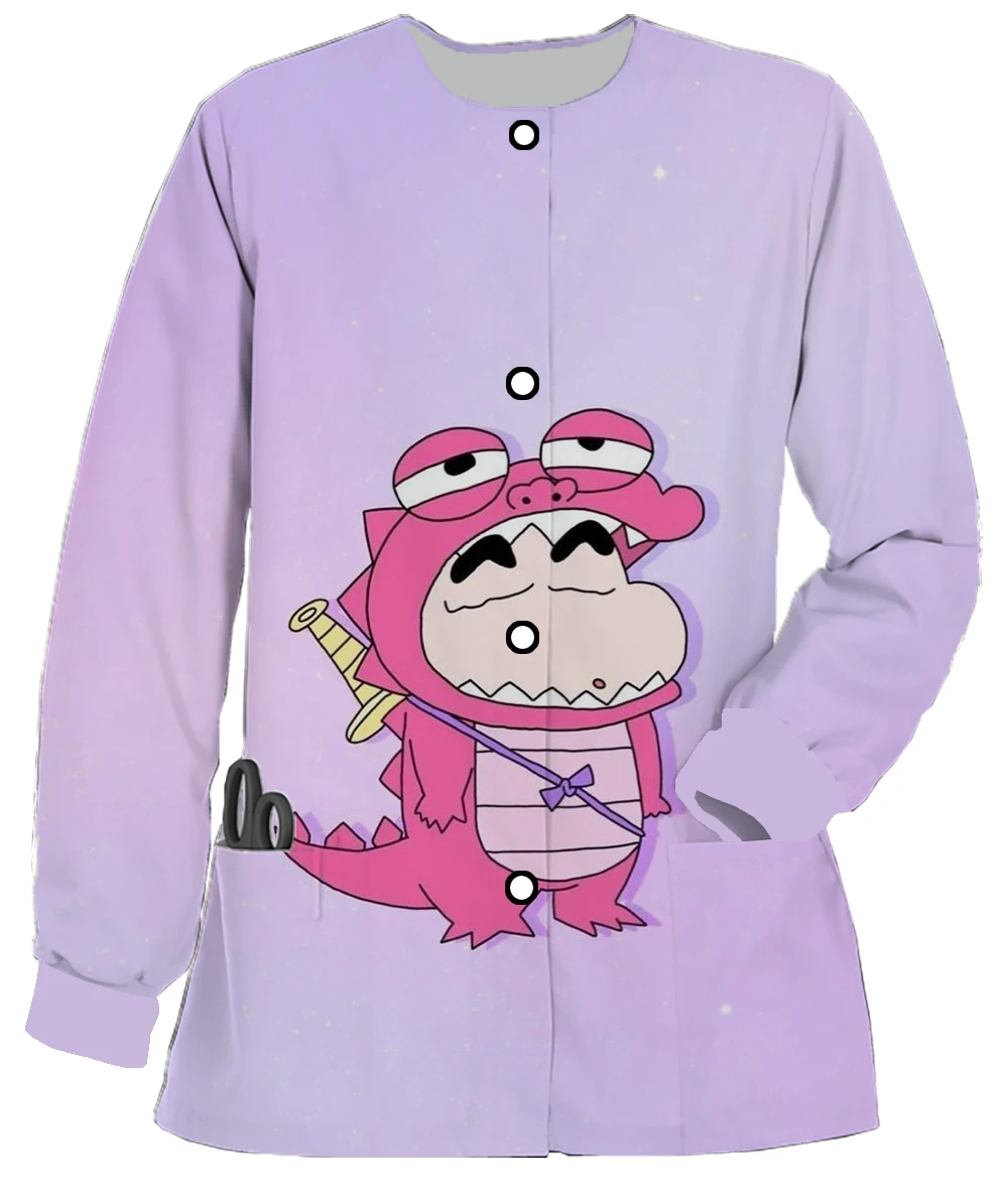 Round neck long sleeve pocket cardigan button Crayon Shin-chan Pikachu anime flower shop dental work clothes nursing clothes