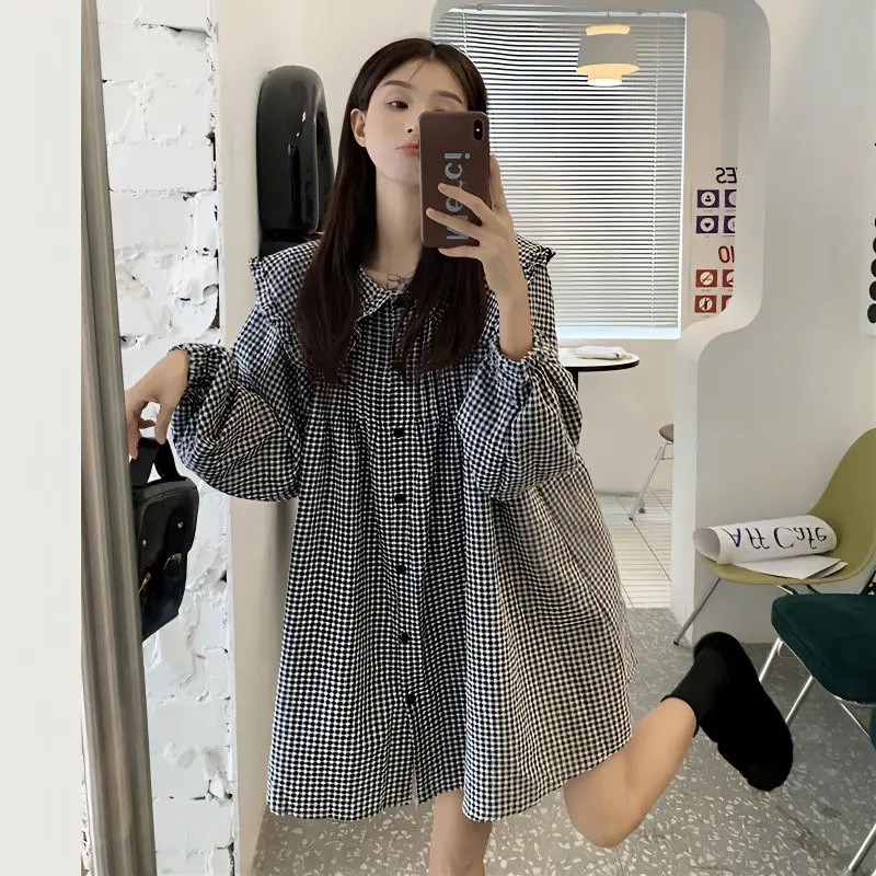 

Рубашка в клетку свободного кроя в стиле Lazy Style для молодежи, весна-осень, с длинным рукавом, универсальная повседневная блузка, модная корейская женская одежда