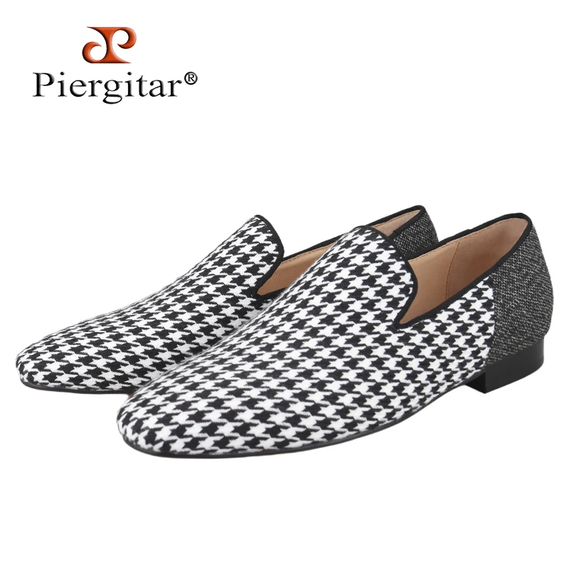 Piergitar Brand Classic Houndstooth Patchwork Fabrics Men‘s Loafers For Party And Banquet Handmade Slip-On Slippers Plus Size