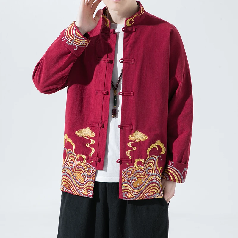 

Loose Cotton Linen Long Sve Embroidered irt Vintage Zen Tea Tang Costume Spring Autumn Men's Jaet Stand Fit Outerwear