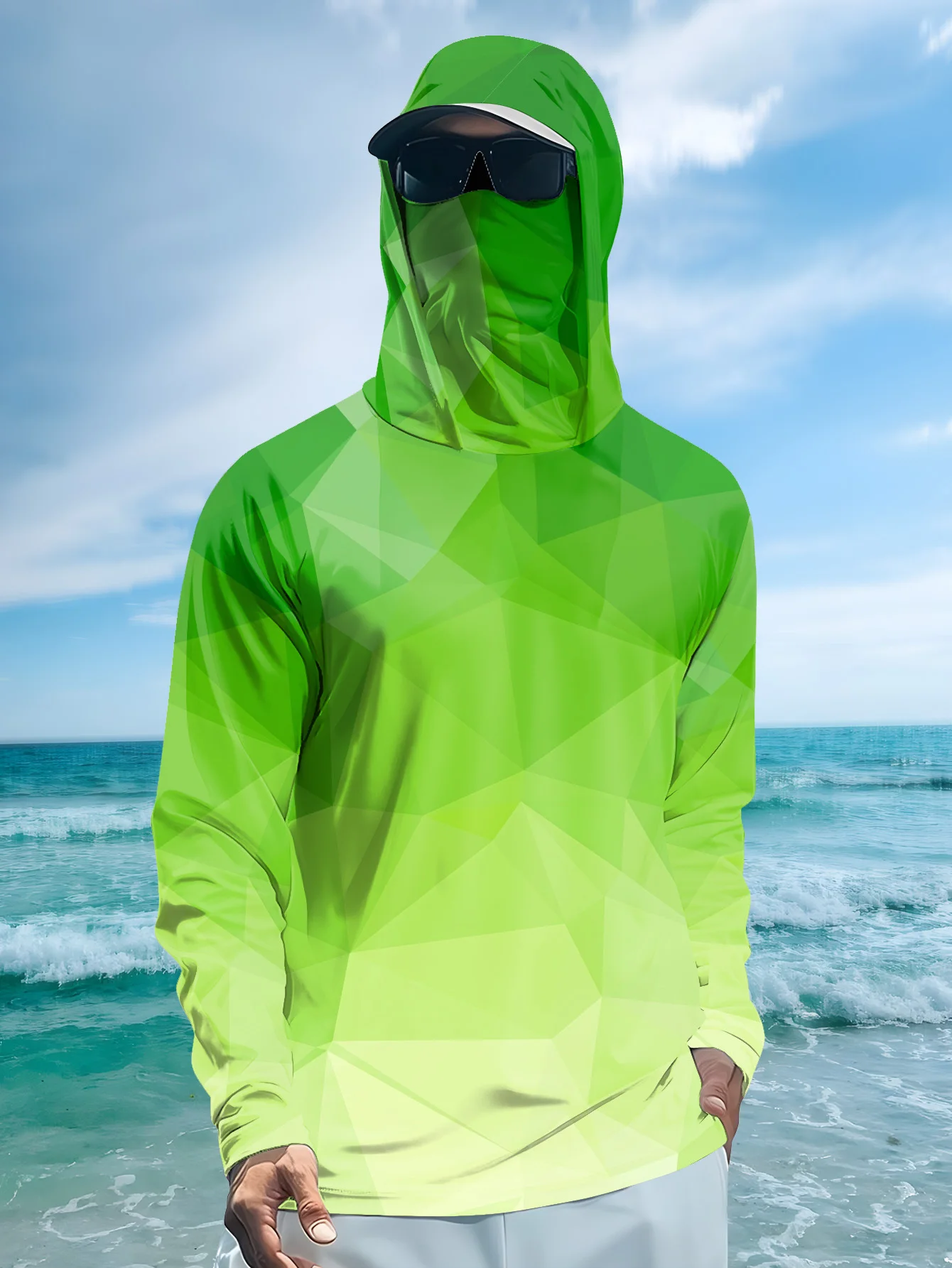Men Outdoor Fishing Hoodie Built‑in Face Mask Green Polygon Gradient Print Quick‑Dry Sun‑Protective Long Sleeve Hiking Shirts