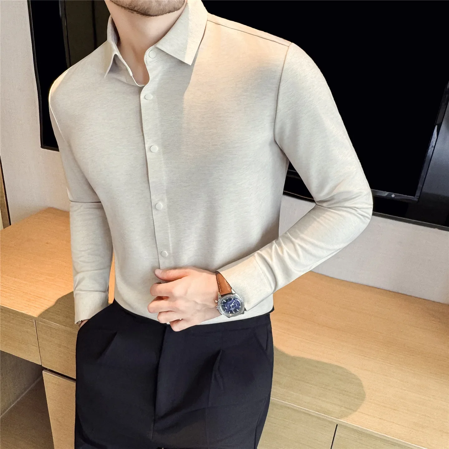 

Осенне-зимняя утолщенная бесшовная классическая рубашка с длинными рукавами, мужская эластичная рубашка с отказкой