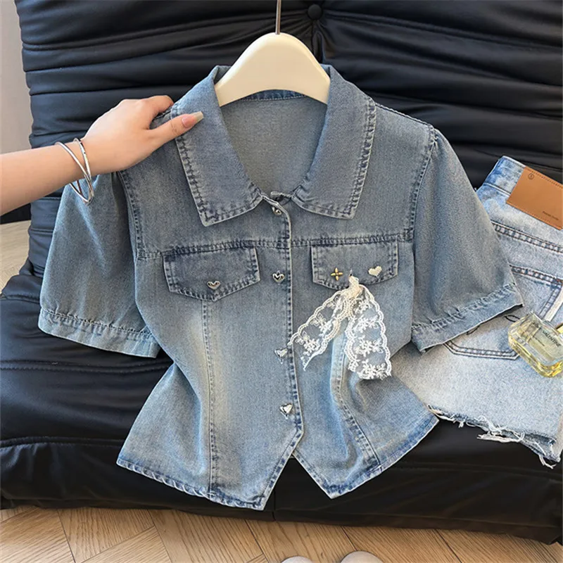 

Korean Women Light Blue Short Denim Jacket Lace Patchwork Lapel Single-Breasted Long Sleeve Autumn New Female Jeans Jacket Coat