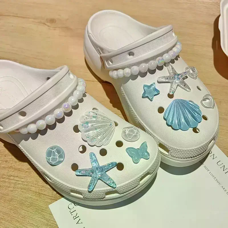 Girls Gift - DIY Clogs Sandals Decor Kit with Adorable Starfish Shell Resin Charms; Beach Bag Buckles and Pins Included