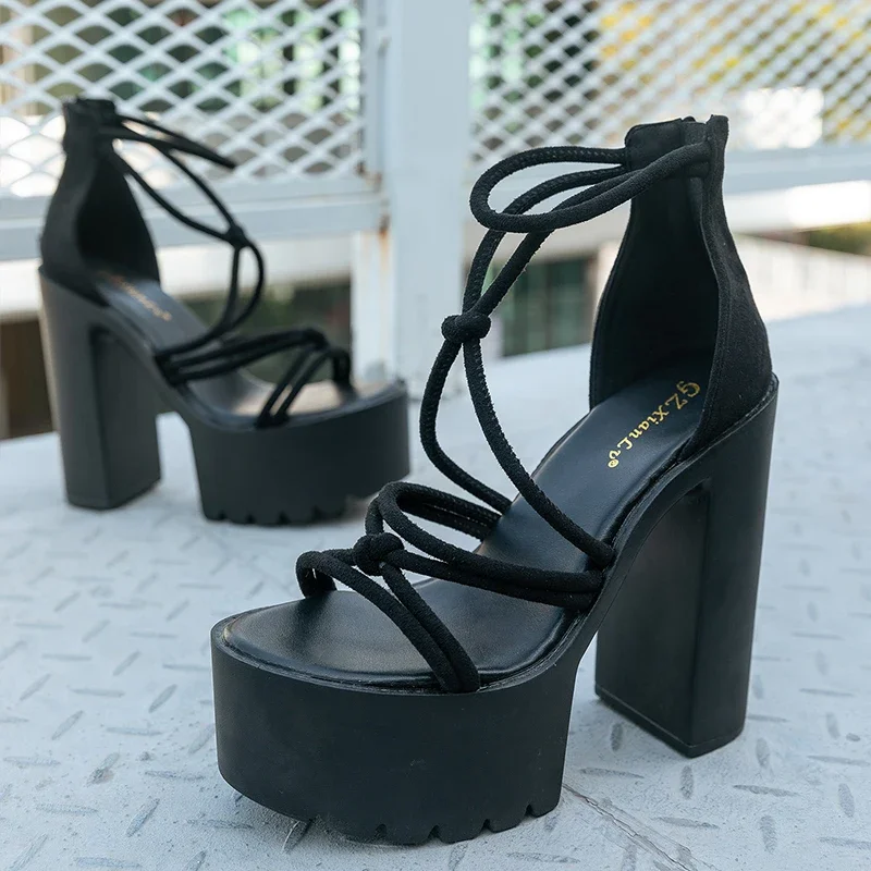 Roman Sandals Women Summer New High Heel Cross Strap Platform Opened Toe Fashion Show Plus Size Sandals Strappy Pumps 14.5cm