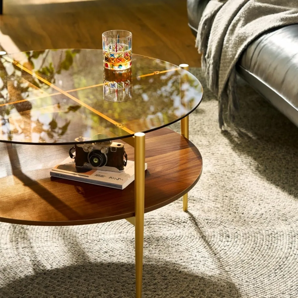 Saint Mossi Glass Round Coffee Table for Living Room, Middle-Century Modern Style, Coffee Brown Glass Top & Walnut Brown MDF Woo