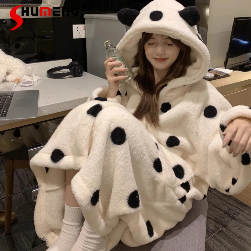 

Fleece Hooded Bathrobe for Women Mid Length Autumn Winter Homewear Female Japanese Style Thickened Pajamas Winter Robes