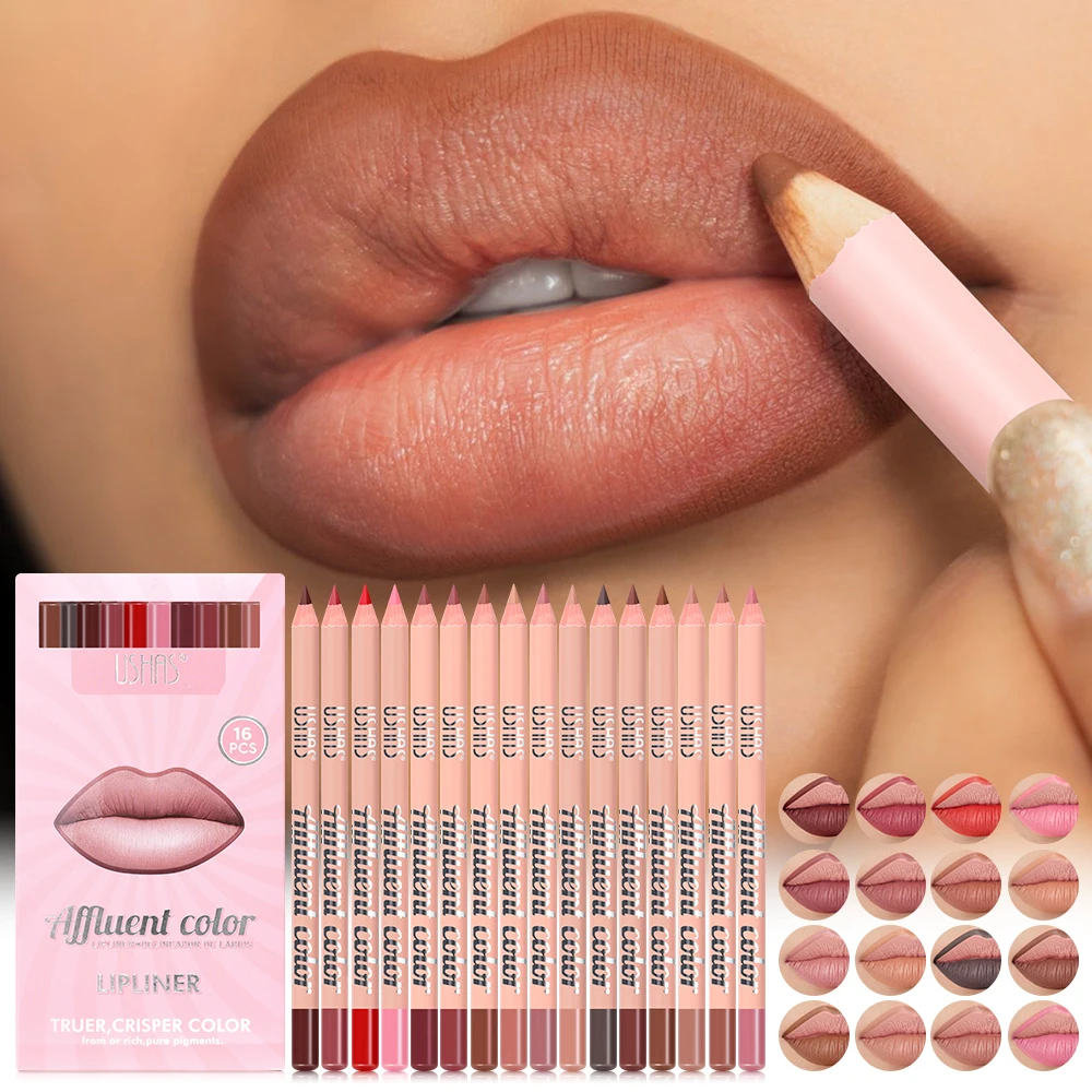 USHAS Juego de delineador de labios de 16 piezas, delineador de labios de color mate, suave y sedoso, color marrón, rojo, rosa y desnudo, regalo perfecto para niñas y mujeres