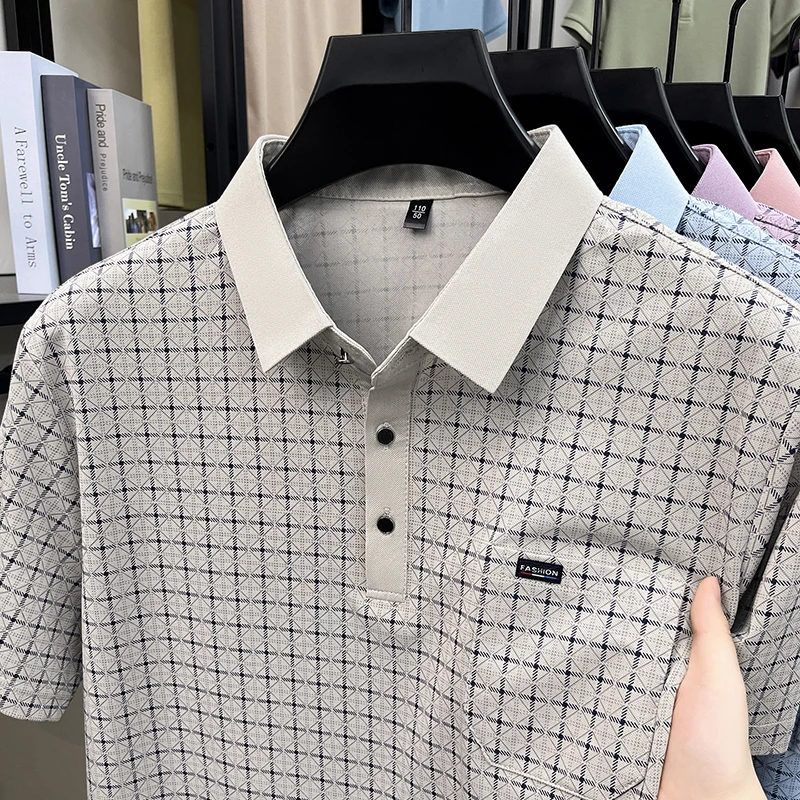 Herren Kurzarm-Poloshirts mit Diamant-Jacquardmuster, klassische Passform, lässige Oberteile, weiche, bequeme, modische Hemden für Männer – Detail 4