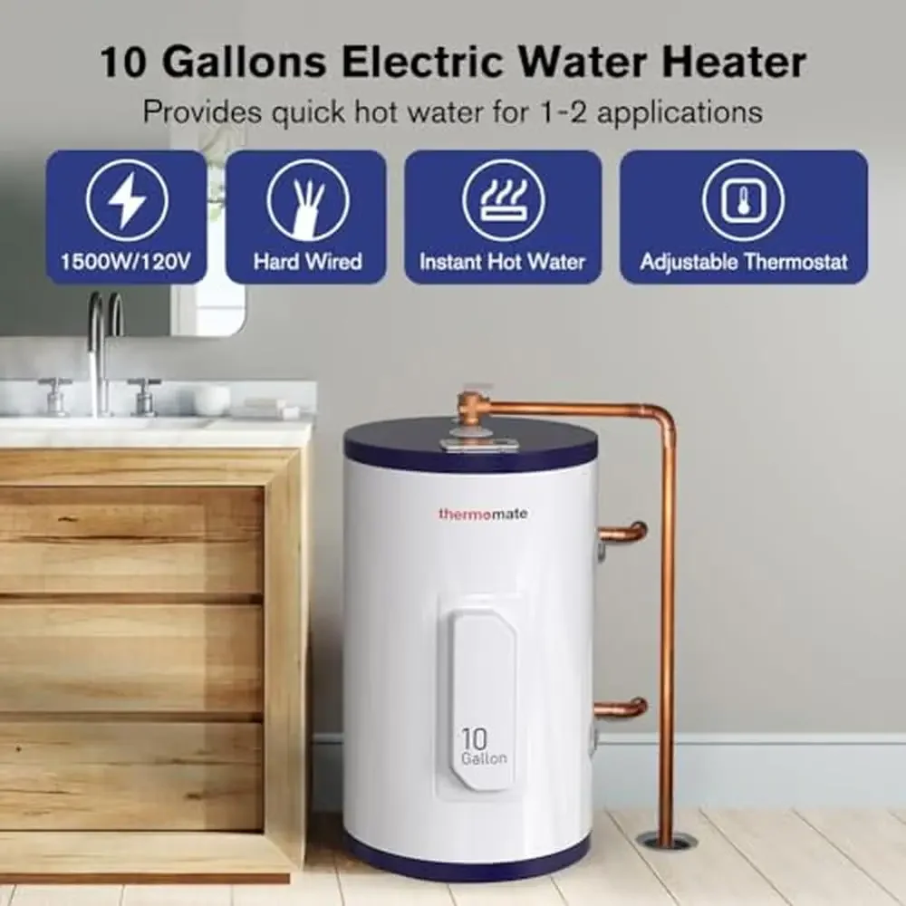 Compact 10 Gallon Electric Point of Use Tank Water Heater 1500W 120V Ideal Sink Dishwasher RV Boat Adjustable Thermostat