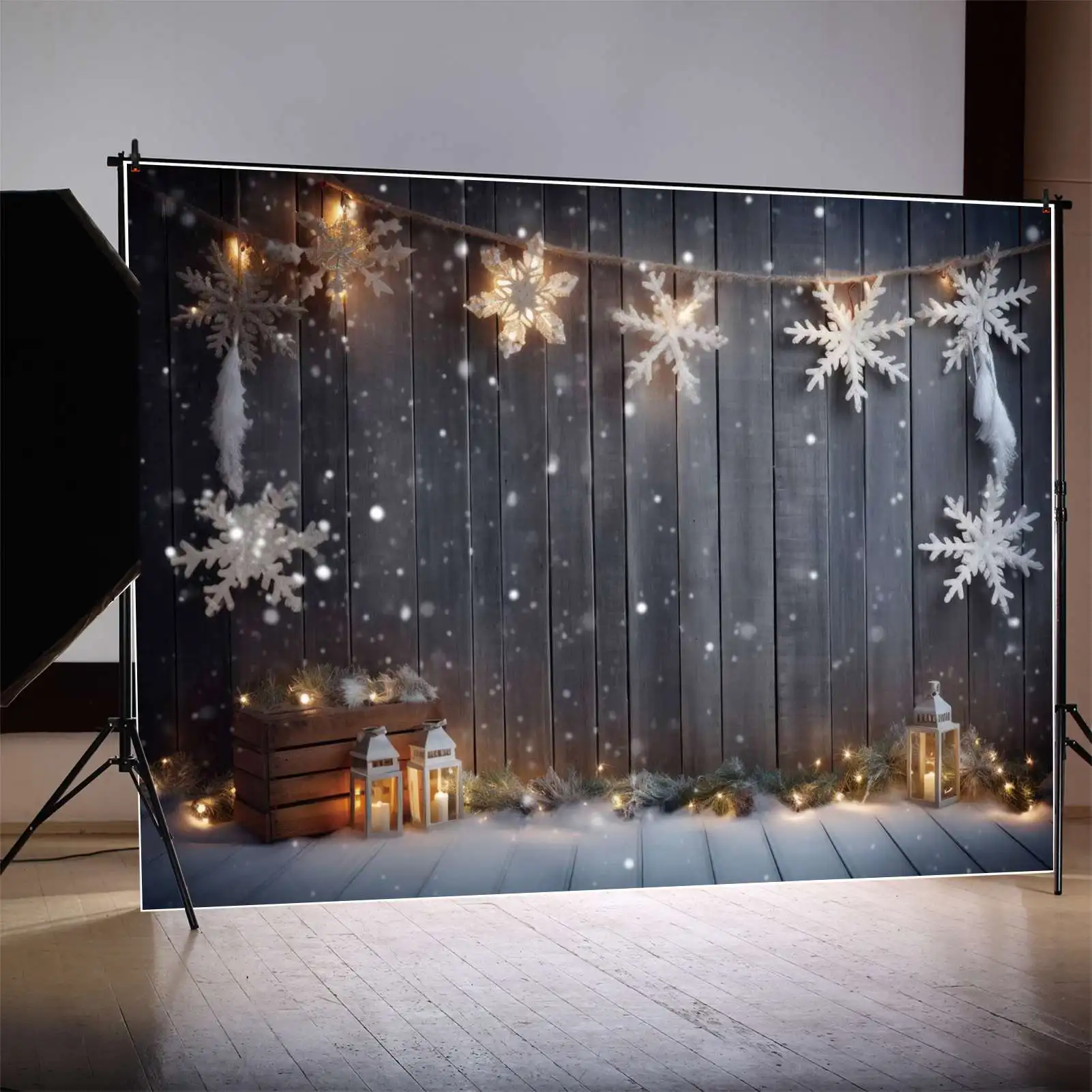 Mon.qg ไฟประดับผนังฉากหลังคริสต์มาสไฟรูปเกล็ดหิมะไม้ขนนกพื้นหลังสำหรับงานเลี้ยงออกแบบได้ตามต้องการ