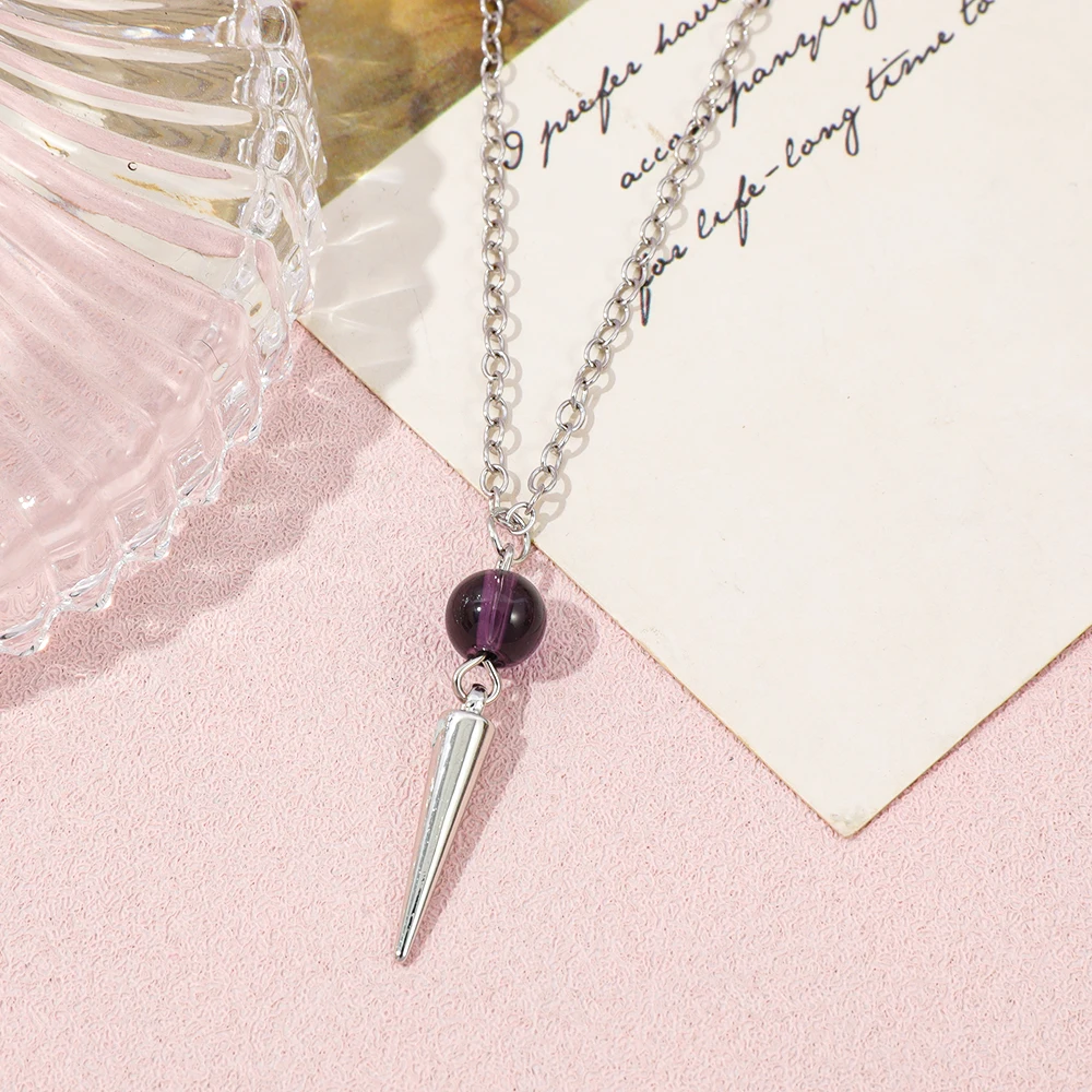 Gothic Spike Pendant Necklace for Women Purple Round Bead Cone Charm Clavicle Chain Y2K Jewelry Daily Wear & Gift