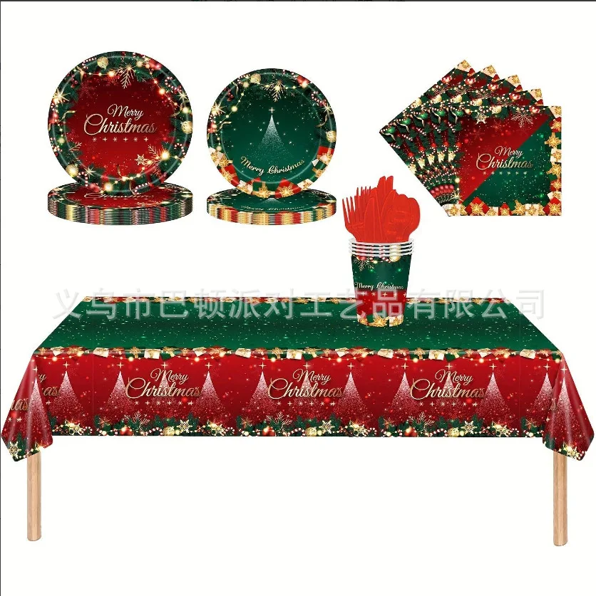 

New Christmas themed party supplies disposable paper plates, paper cups, tissue cloths, tablecloths, dining plates, Christmas ut
