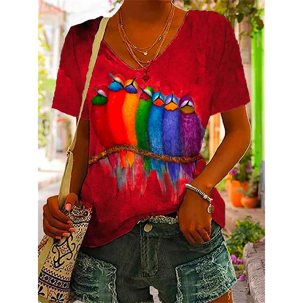 Women Tshirt Summer Colorful Print Gradient Clothing V Neck Short Sleeve Animal Tops Streetwear Fashion Oversized Girls T-Shirts