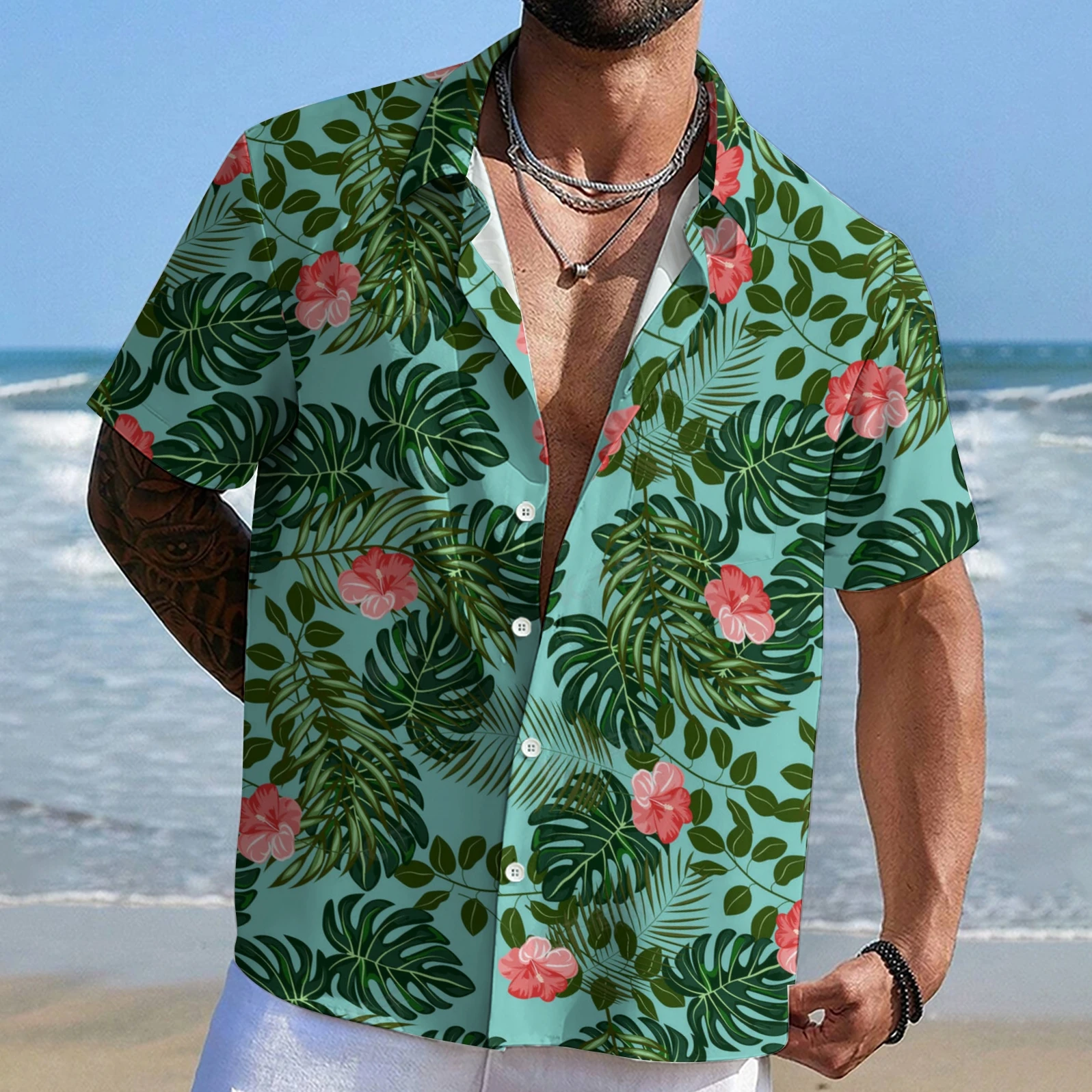 

Mens Hawaiian Shirt Tropical Palm Leaves Beach Swim Shirt Button Downs Shirt Mens Summer Party Favors Vacation Hawaiian Shirt