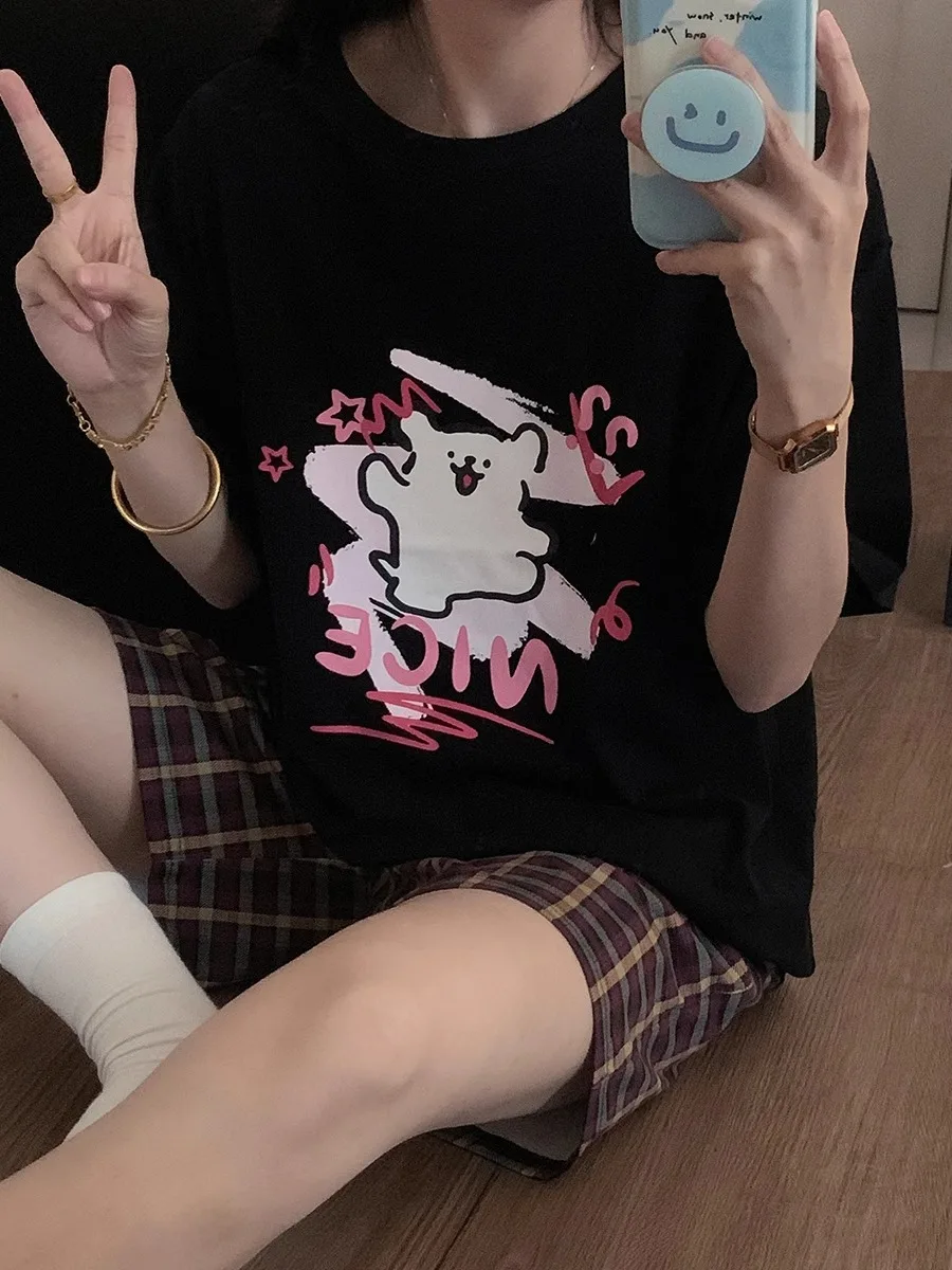 

2025 New Cotton Pajamas Women's Summer Plaid Short Sleeve Shorts Home Clothes Set Men's Thin Cartoon Print Sleepwear