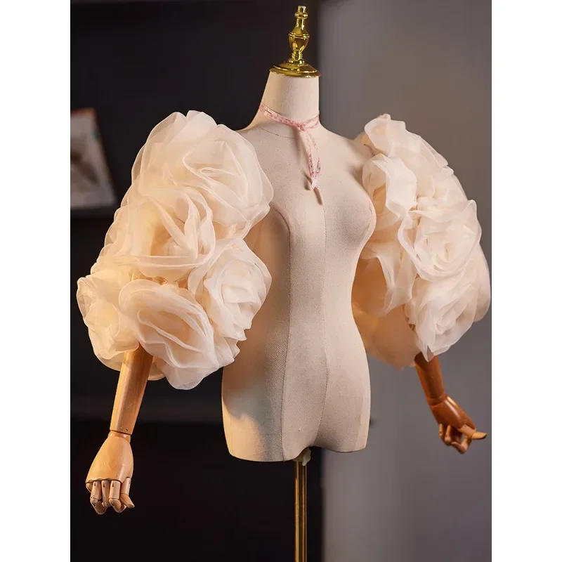 Champagne handmade DIY big flower sleeves 2025 new evening dress accessories catwalk show photo high sense
