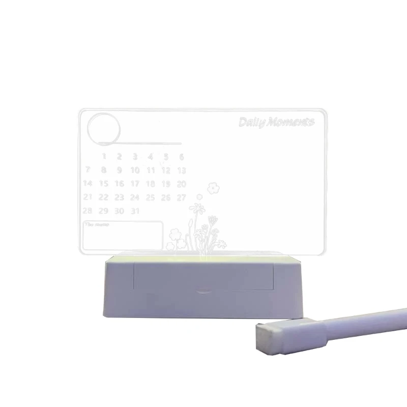 Planificador calendario acrílico transparente, calendario perpetuo reutilizable, tablero acrílico con luz LED y rotulador