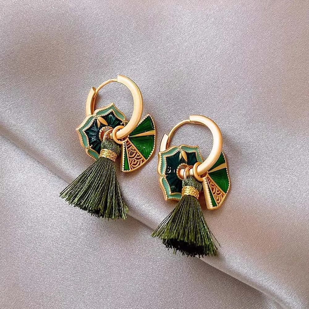 Enamel Drop Glaze Fan Hanfu Tassel Earrings Chinese Antique Style Dangle Earrings Cheongsam Tassel Ear Hooks Green Color