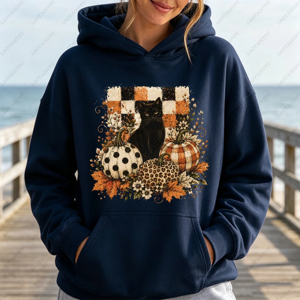 Black Cat Pumpkin Fall Checkered Graphic Hoodie Women Casual Long Sleeve Pullover Vintage Halloween Autumn Holiday Gift Top
