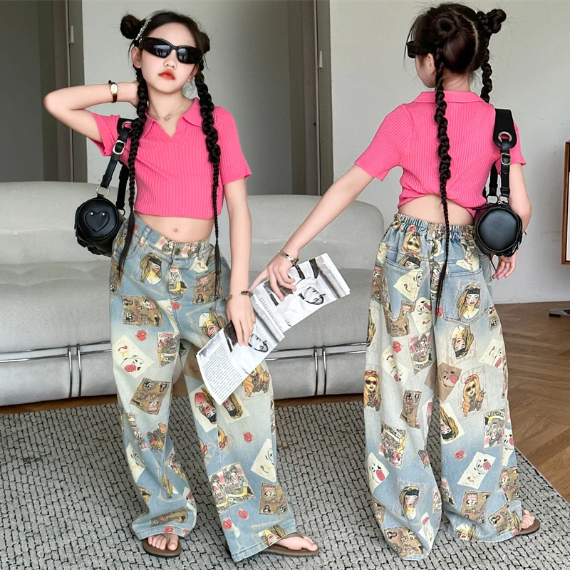 10 12 14 junior girls clothes set hot pink Ice Silk Tops+Cartoon printed wide leg jeans 2pcs teenager kids suit children outfits