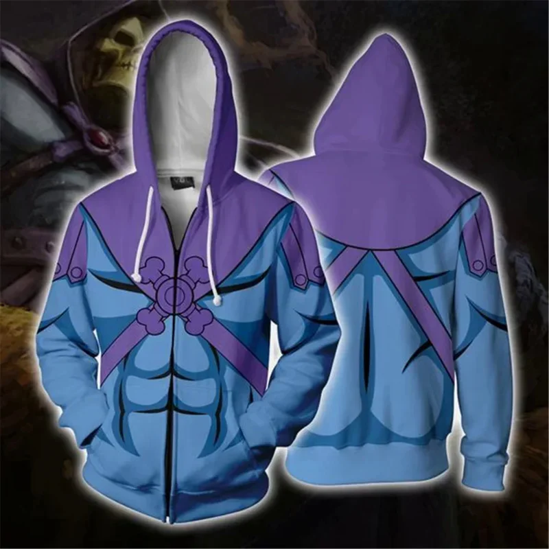 Costume de Cosxie He-Man avec fermeture éclair, sweat-shirt imprimé 3D, sweat à capuche de dessin animé, veste de mode, prix des tiques