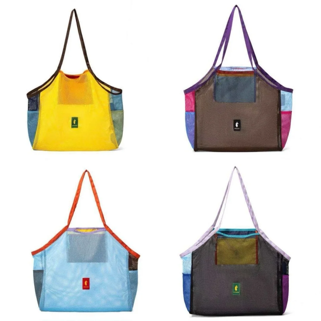 Color Block Mesh Tote Bag with Multiple Pockets Large Capacity BreathableSingleShoulder Beach Shopping Outdoor Commuting Handbag