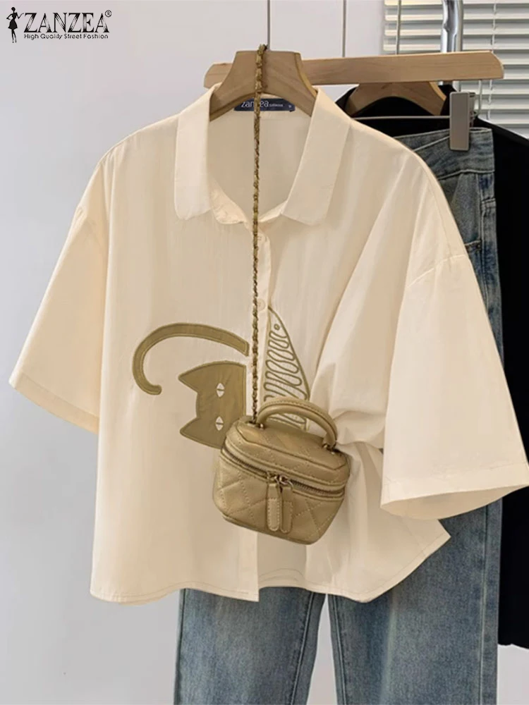 ZANZEA Camisas informales con cuello para mujer, camisa holgada de manga corta con hombros caídos y botones, Tops de gato bordados con estilo, S-3XL
