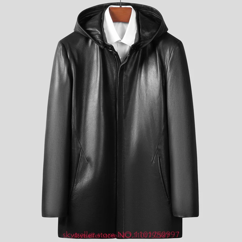 

Shearling Fur Leather Genuine Leather Jacket Men sheepskin coat middle length Leather Coat buessine hooded down Jacket