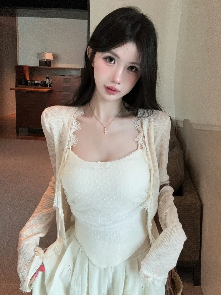 

Irregular Lace Strap Vest Women Summer Pure Desirable Spicy Tube Top Small Shirt Ice Silk Sun Protection Open Cardigan Two-Pi...